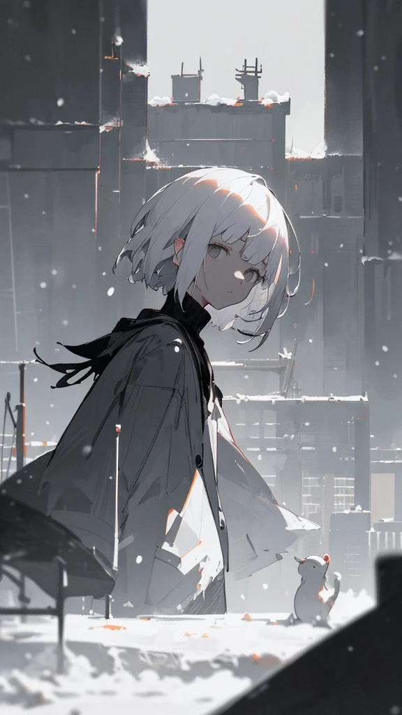 (masterpiece、highest quality)、Short nape hair、1 girl with very short white hair、Black cardigan、Grim expression、Grey Eyes、Warm lighting、 Blurred foreground、night深く、High Contrast、night、In the city,it's snowing,Heavy snowfall,winter,Alone in the vast snowy field,whole body,curse,Facing forward,Huge construction