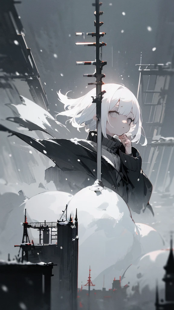 (masterpiece、highest quality)、Short nape hair、1 girl with very short white hair、Black cardigan、Grim expression、Grey Eyes、Warm lighting、 Blurred foreground、night深く、High Contrast、night、In the city,it&#39;s snowing,Heavy snowfall,winter,Alone in the vast snowy field,whole body,curse,Facing forward,Huge construction