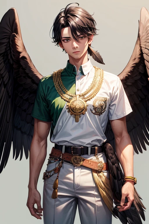 Boy with black hair, short green shirt, white shirt, black pants, eagle belt, amarillo eyes, eagle wings on his back, brown feathers with red tips, muscular complexion, slim golden Aztec medallion