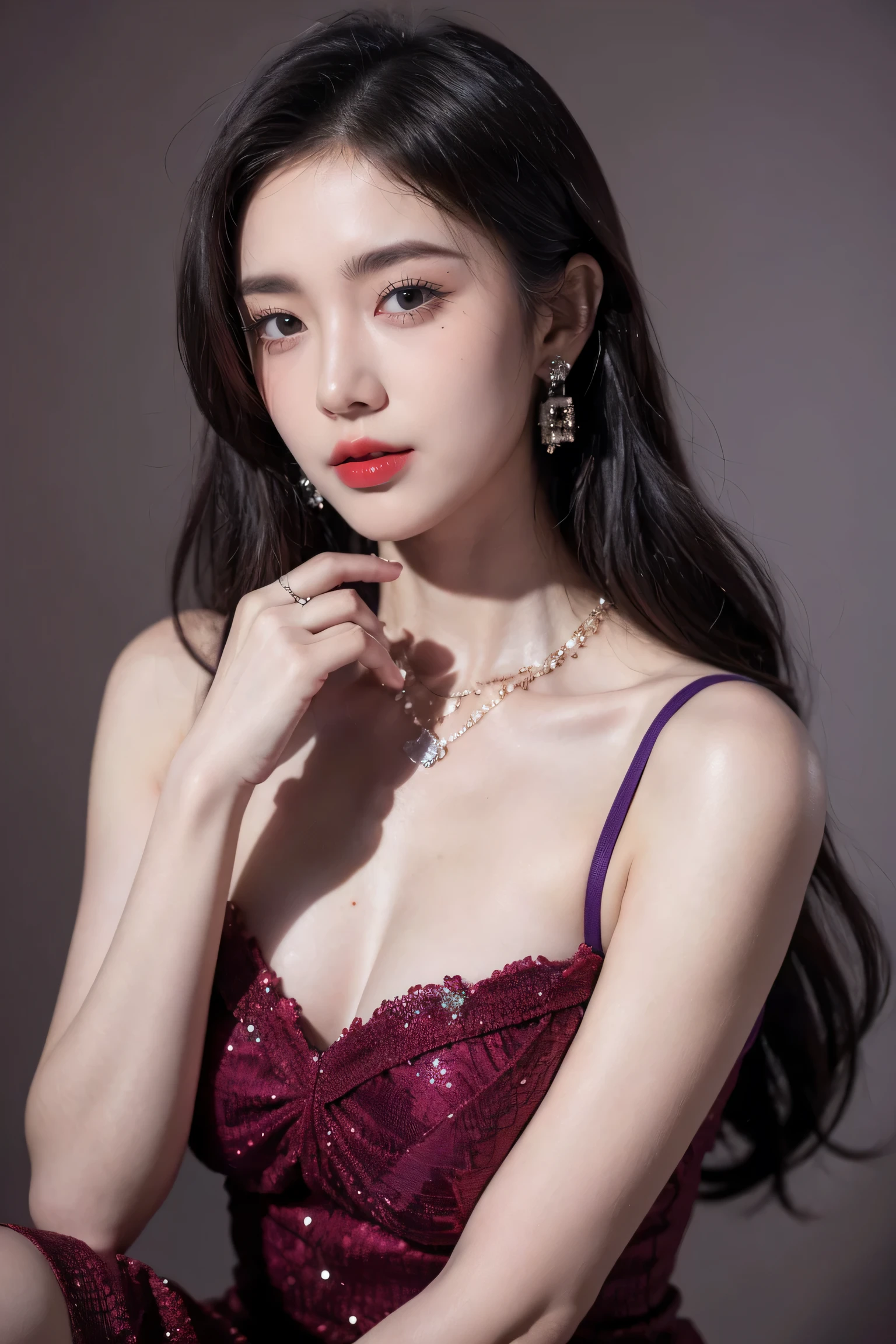 Top CG, Highest image quality, masterpiece, Gentle and beautiful girl, (185cm美女), (fit), Imperial sister, Queen temperament, White skin, ((Long legs)), perfect facial features, Bright Eyes, Seductive pose, Red lips, Beautiful and cold (A major breakthrough)), Beautiful and heroic, Soft and long hair, Glittering, Lace, net, Visible through clear skin, wear glasses, diamond earrings, ruby neckLace, (Purple dress), 8K Image Quality, (Realistic Portraits), Characters fill the screen, (Facial lighting), ((eternal)