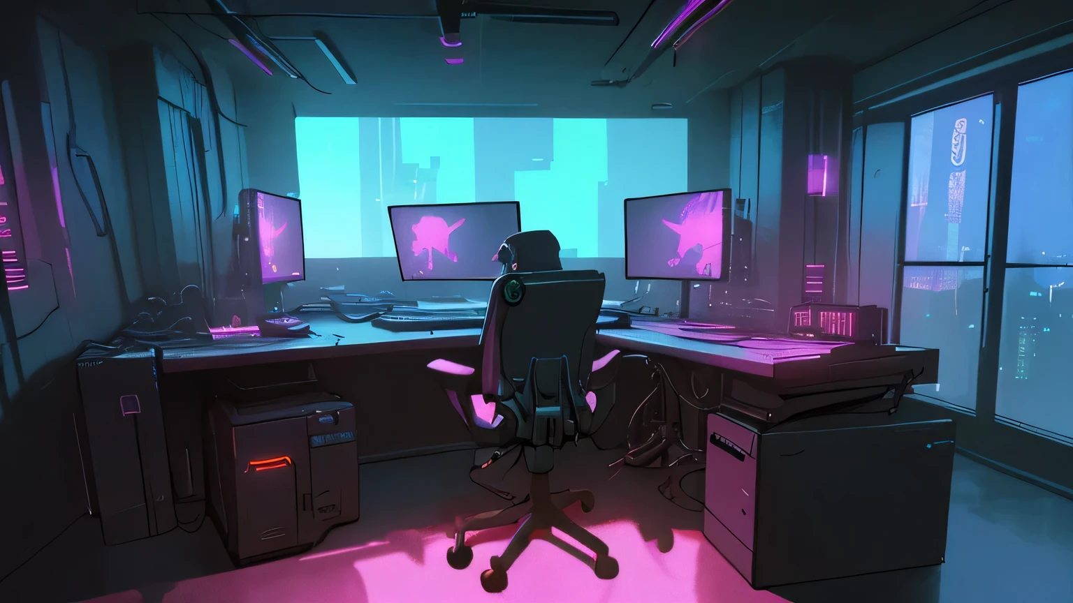 Realistic neon lights in the room with windows studio setting，Cyberpunk Background，Front view，There is also a desk.