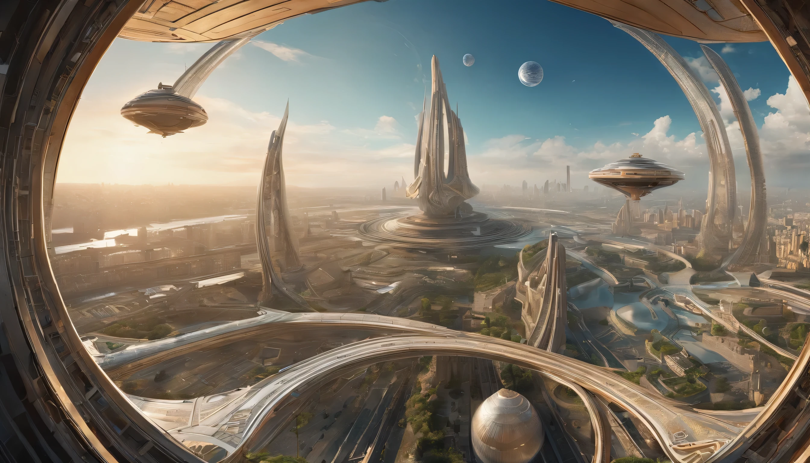 What photography,Ultra photo realsisim,Hyper-detailing,Ultra-wide-angle picture,24th century,sci fi city,and the sun was shining brightly,Tech City of the Future,Oval building,Suspended circular aircraft,Roads leading in all directions,highly detailed surreal vfx,Smudge,Faraway view,super-fine,ultra - detailed,high qulity,8K ,oc rendered,dynamic viewing angle