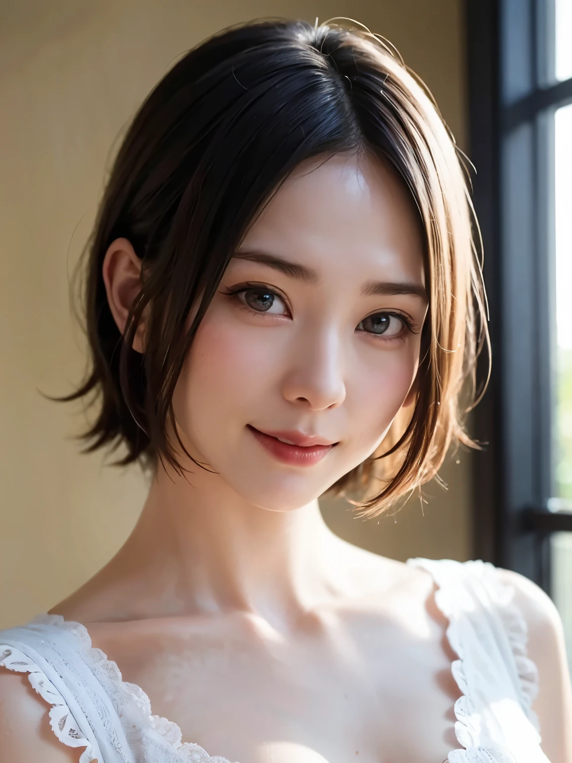 1 girl、highest quality、Realistic、alone、Written boundary depth、Natural soft light、Daytime、charm、Beautiful Face、Cleanliness、Pure Face、White skin、cute、short hair、bright hazel eyes:1.6、Beautiful Lips、bangs、Beach、Light of the sun、Nedium Breast Body Esbian、((黄金比のBeautiful Face、 対称性のあるBeautiful Face、Dutch angle shot、dramatic angle))、Long neck、Show me your ears、Stick out your ears。bangsのあるきれいな短いボブヘア、smile with your mouth closed、Perfect hands指、Perfect hands、Perfect body、Perfect Face、Shine a light into your eyes、Perfect Anatomy:1.6、とてもcuteスーパーモデル:1.6、{Huge|big|Hugeな|Mega} chest, chestの谷間、smile:1.6、Very beautiful teeth:1.6