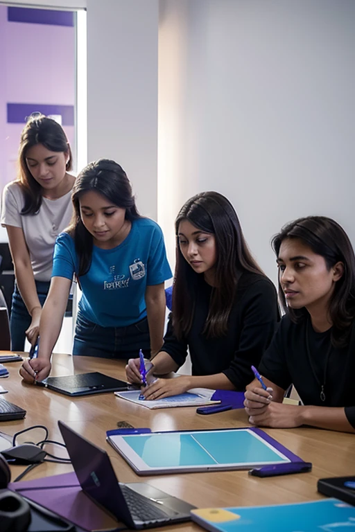 una imagen donde se vea de lejos personas reunidas trabajando en emprendiemientos tecnologicos e innovativos, fondo que tenga los colores azules y violetas, un cohete de destino emprendedor
