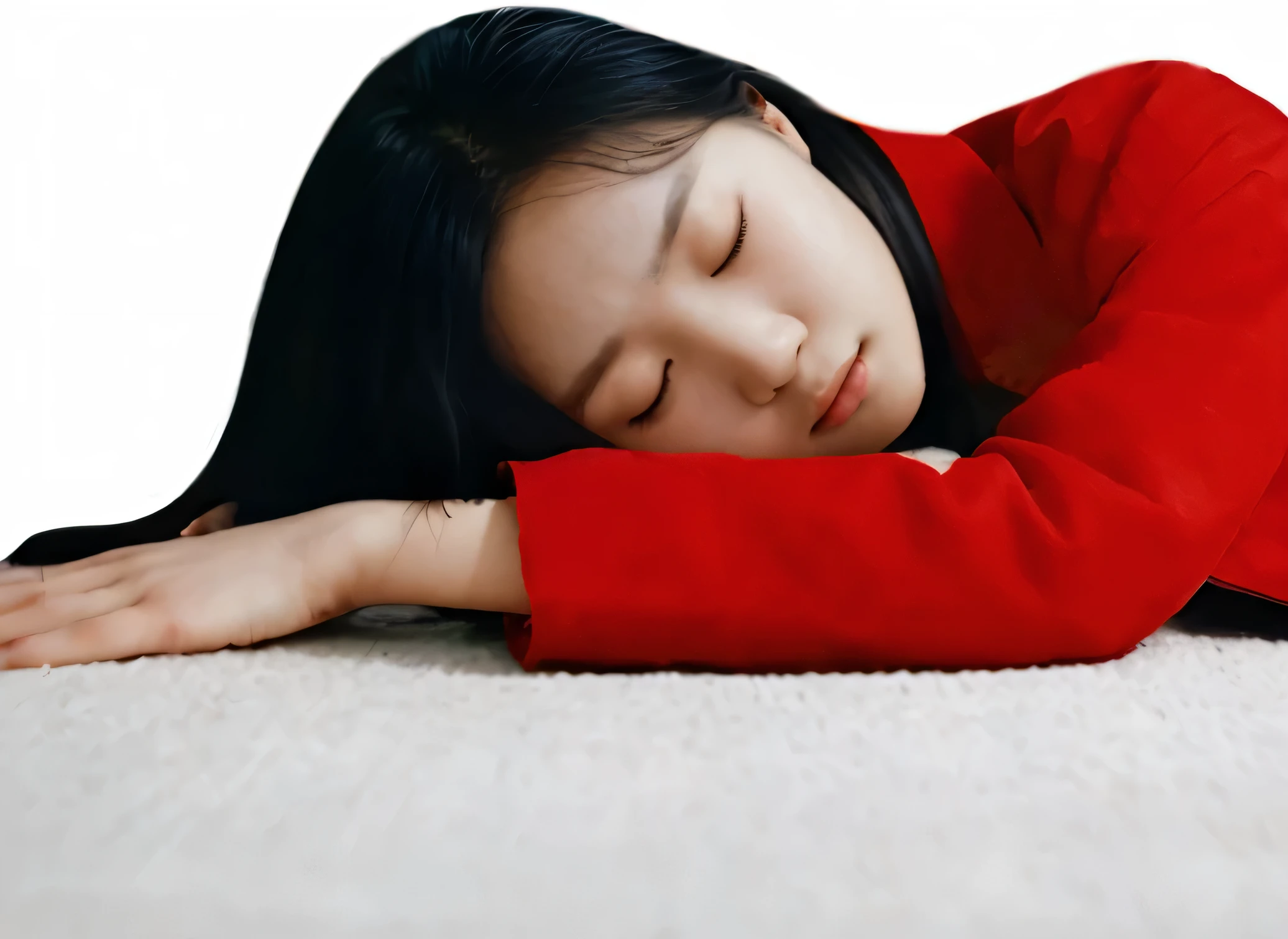 Korean woman sleeping in the floor,  20 years old, red jackets, sleep , narutal light, high color, hight contrast, medium view