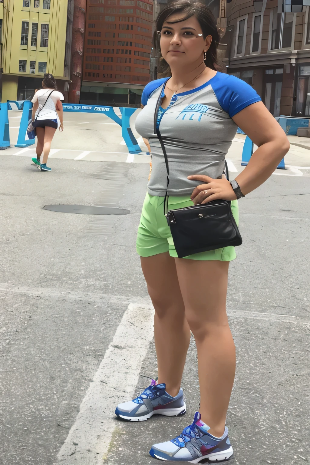 woman standing in the middle of a street with a purse, mid 2 0's female, wearing shorts and t shirt, dressed in a top and shorts, standing in a parking lot, wearing black shorts, wearing a camisole and shorts, legs visible, wearing a tank top and shorts, fit pic, wearing fitness gear, standing in street, in shorts