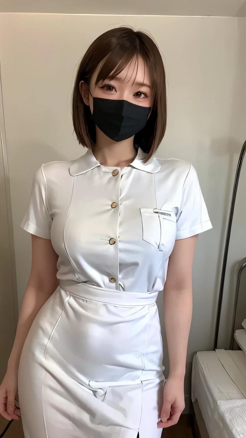 1 girl,(Wearing white nurse clothes:1.2),(RAW Photos, highest quality), (Realistic, photo-Realistic:1.4), masterpiece, Very delicate and beautiful, Very detailed, 2k wallpaper, wonderful, finely, Very detailed CG unity 8k wallpaper, Very detailed, High resolution, Soft Light, Beautiful detailed girl, Very detailed eyes and face, Beautiful and detailed nose, finely beautiful eyes, nurse, Perfect Anatomy, Black Hair, Upstyle, nurse uniform, ((mask)), Long skirt, nurse, White costume, thin, hospital, clear, White Uniform, hospital room, Neck auscultation,Bobcut、Back view、Stick out your buttocks