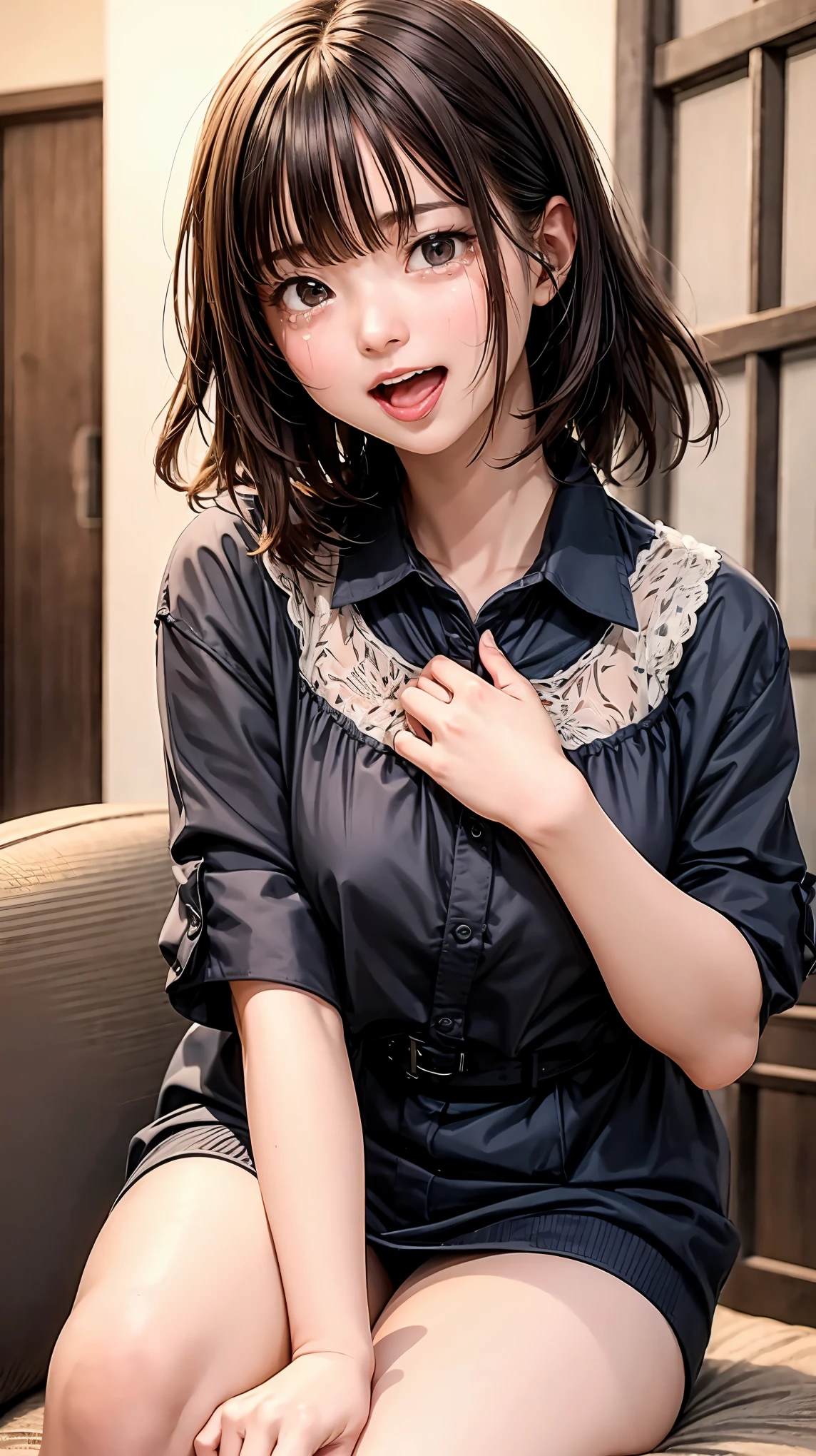 highest quality、4K quality、Man Attacking、A tall boyish girl who is reluctant、slender、Small face、A man strokes a woman&#39;s crotch、Man holds woman's chest（1.4）、Open your mouth（1.8）、Sticking out tongue（1.4）、Tears（1.7）、Casual clothing