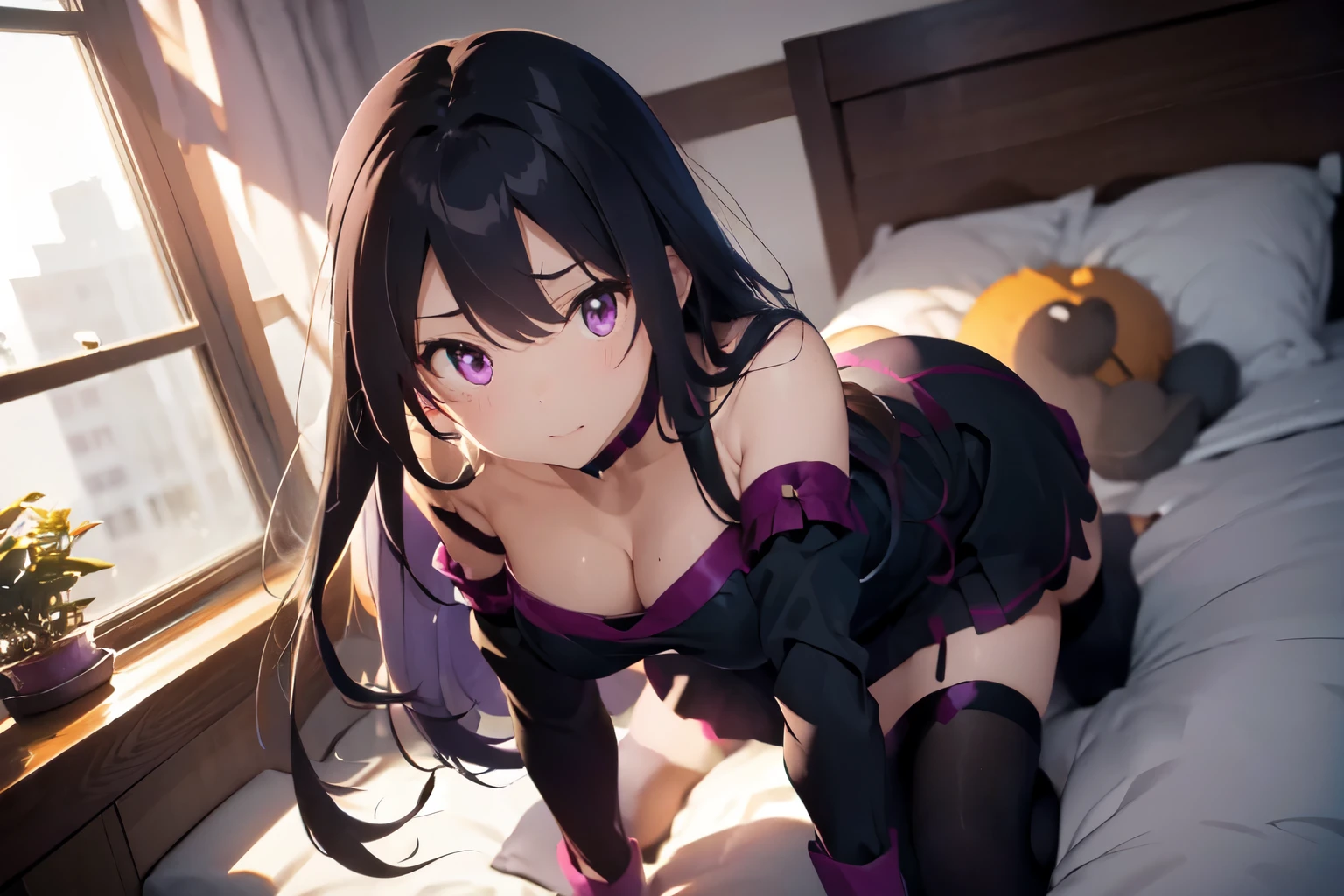 masterpiece,highest quality,Super detailed,8k,
bloom,high contrast,Realistic Skin,Glowing Skin,cute、
(dress, short dress, thighhighs, strapless, detached sleeves, forehead mark, choker, cleavage)、(absurdly long hair, purple hair, floating hair)、
(Soft and fluffy bed)、(Supine position:1.3)、(Open your crotch wide to the left and right:1.3)、(from directly below:1.4)、from front