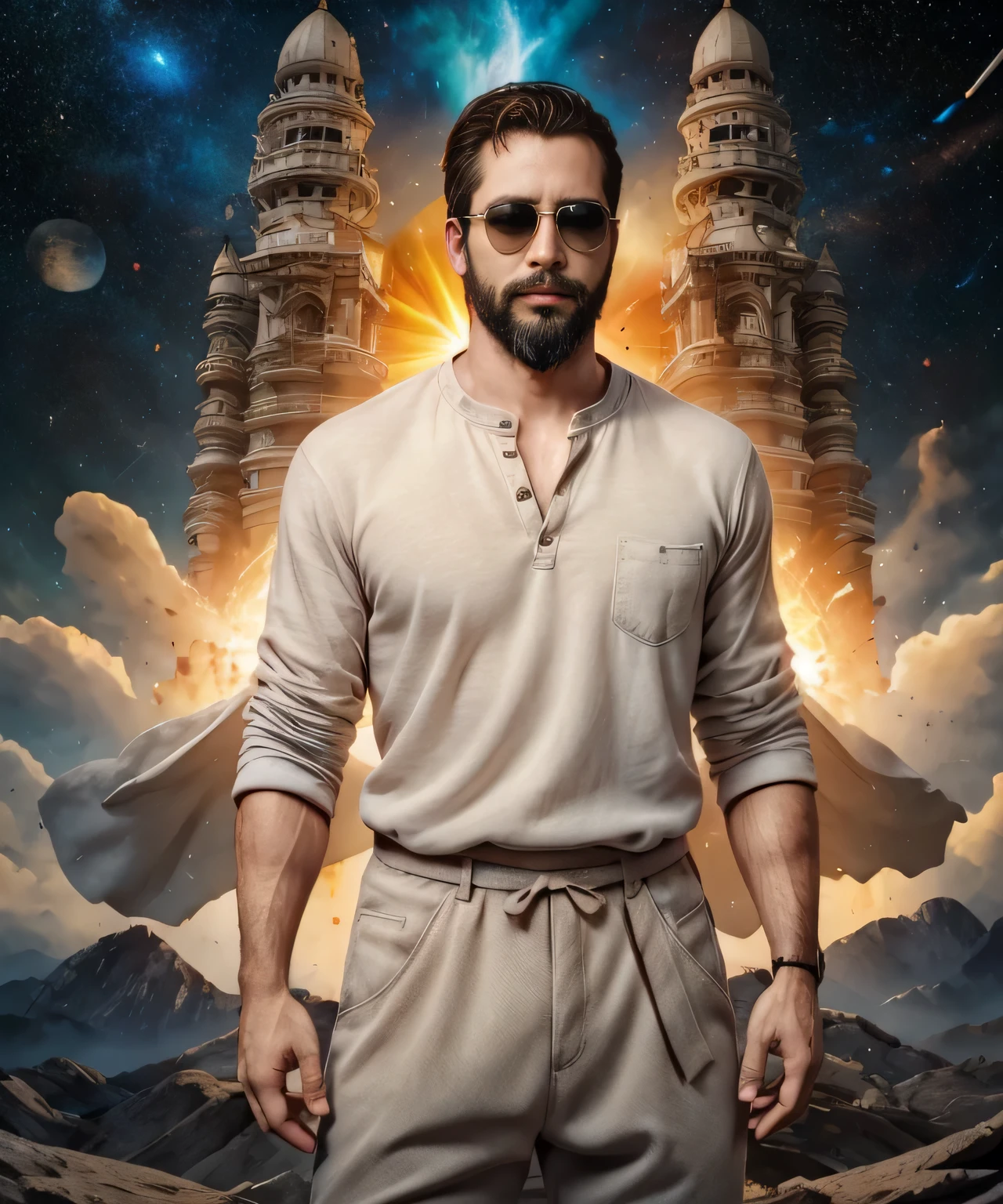 Obra maestra, desenfoque de campo, Parte superior del cuerpo, Hands in pants pockets, 38 year old man with beard and square sunglasses. Man wearing a shirt with a color gradient in the space movie with a solar  explosion in the background.