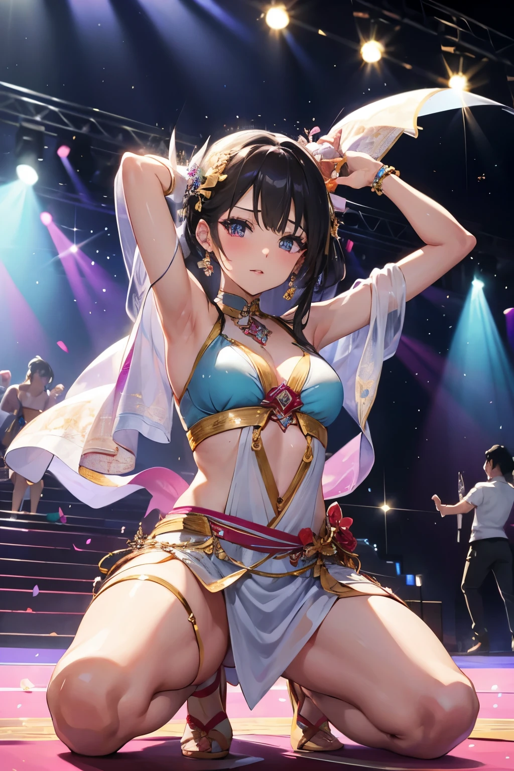 Cinematic lighting、Highest quality、1 Arabian dancer、Sweaty、Embarrassing、On Stage、Dancing、Wet crotch、See-through nipples、