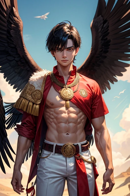 Boy with black hair, short red shirt, white shirt, black pants, eagle belt, amarillo eyes, eagle wings on his back, brown feathers with red tips, muscular complexion, slim golden Aztec medallion 