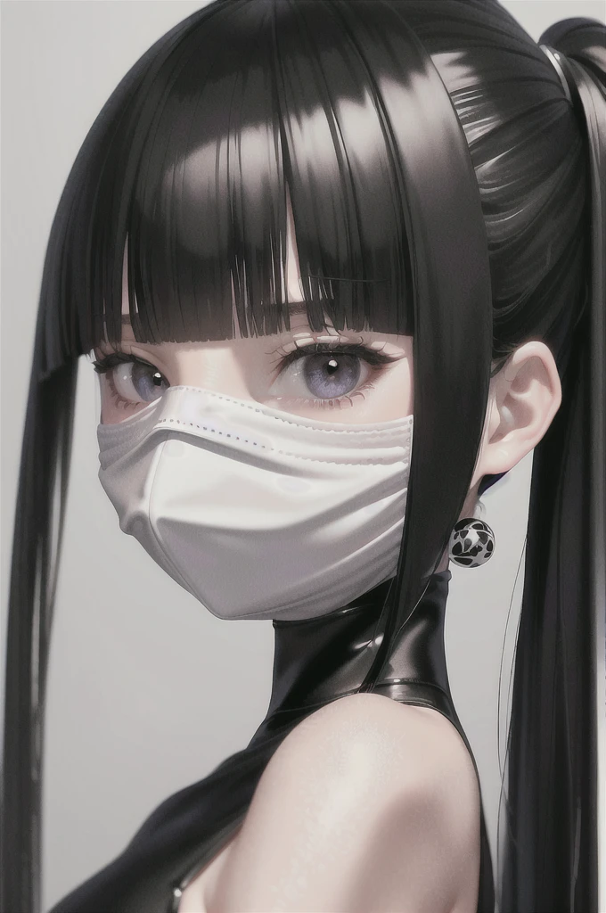 Realistic style,( Black high ponytail,middle parted bangs,eyeslashes, gloss face, Bring a white mask,Glossy glossy skin, best qualtiy, Ultra-high resolution, depth of fields, color difference, Caustics, Wide light, Cold Goddess,Wear a 。