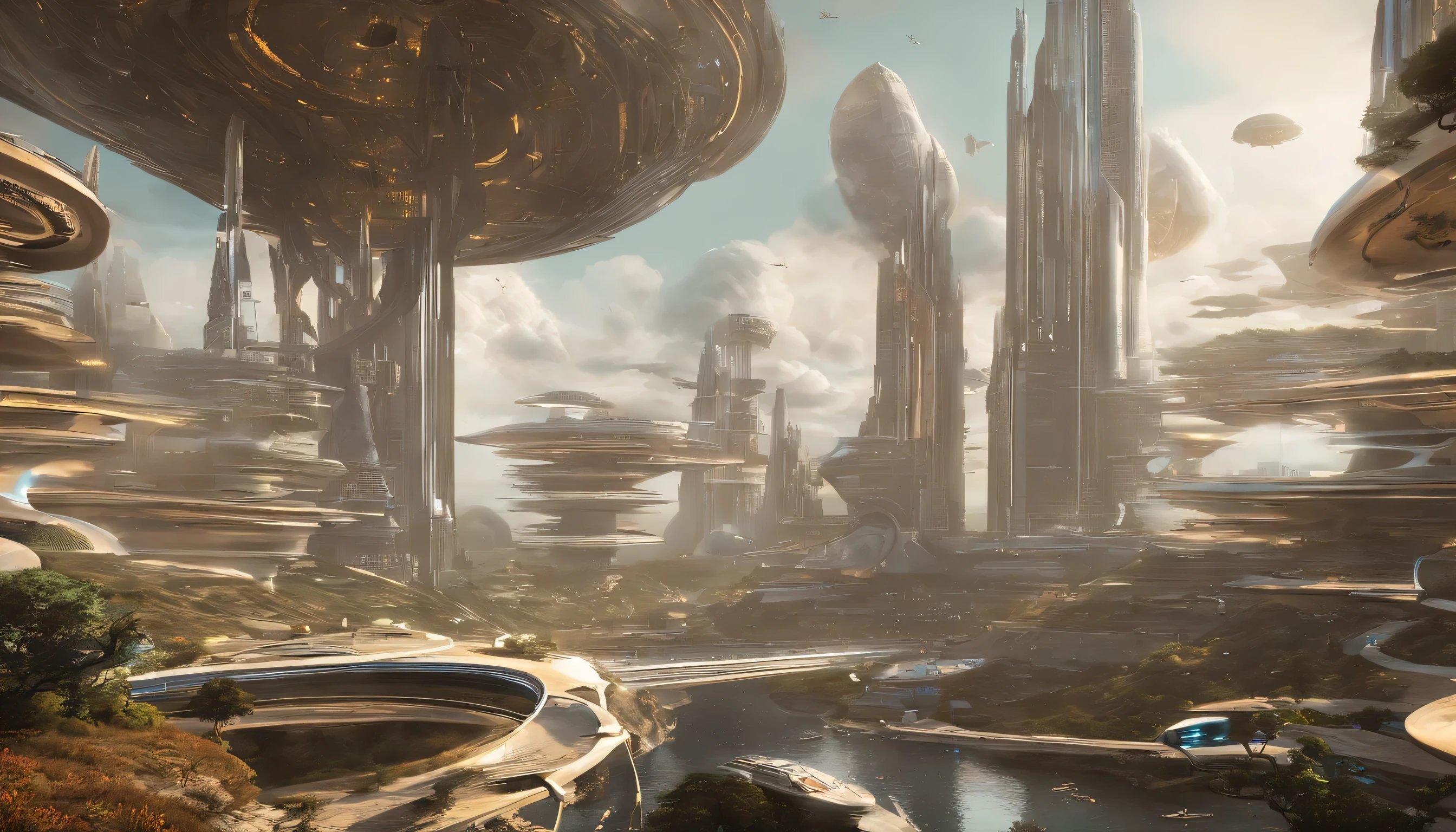 What photography，Ultra photo realsisim，Hyper-detailing，Ultra-wide-angle picture，24th century，sci fi city，and the sun was shining brightly，Tech City of the Future，Oval building，Suspended circular aircraft，Roads leading in all directions，highly detailed surreal vfx，Smudge，Faraway view，super-fine，ultra - detailed，high qulity，8K ，oc rendered，dynamic viewing angle