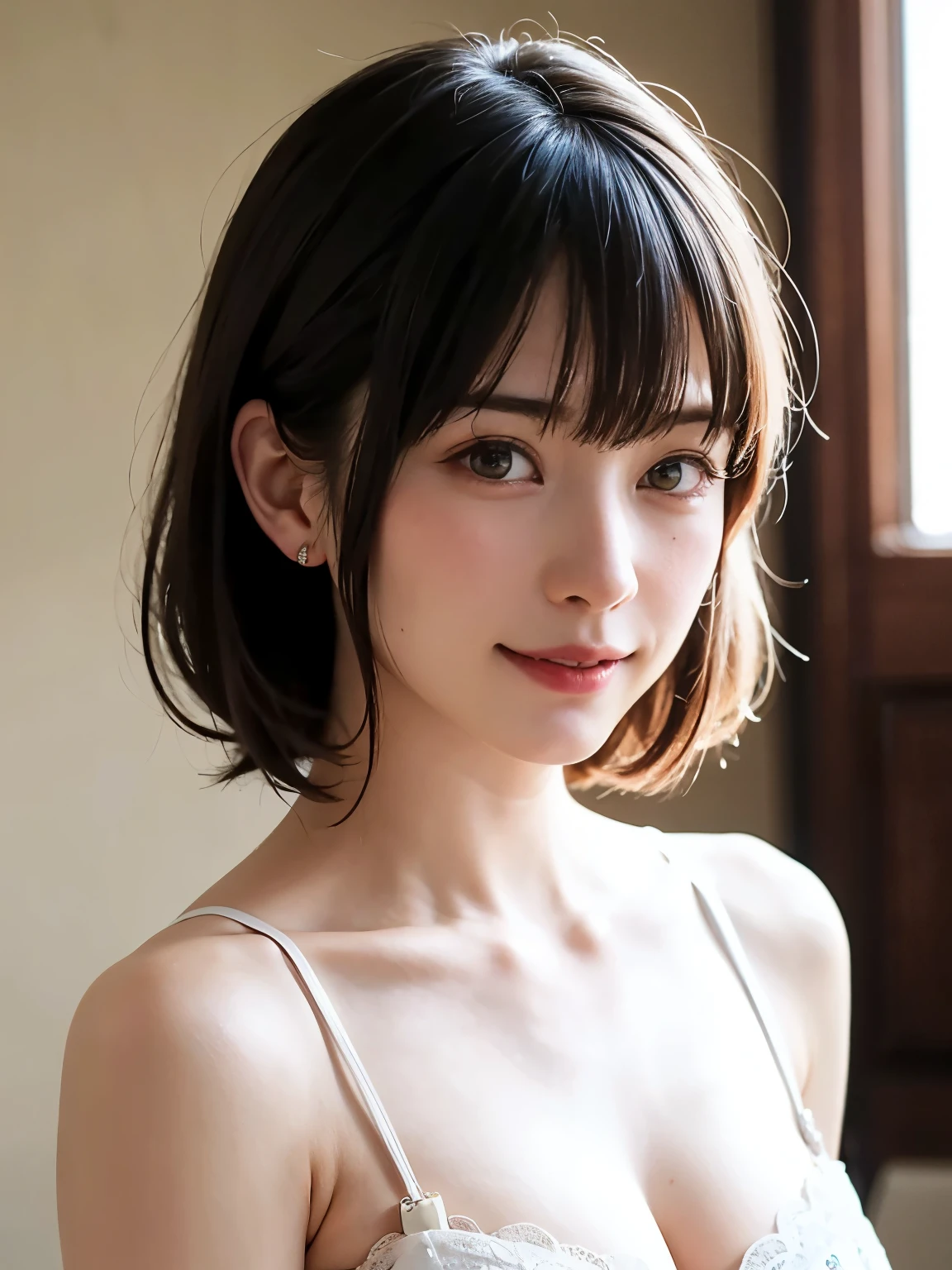 1 girl、highest quality、Realistic、alone、Written boundary depth、Natural soft light、Daytime、charm、Beautiful Face、Cleanliness、Pure Face、White skin、cute、short hair、bright hazel eyes:1.6、Beautiful Lips、bangs、Beach、Light of the sun、Nedium Breast Body Esbian、((黄金比のBeautiful Face、 対称性のあるBeautiful Face、Dutch angle shot、dramatic angle))、Long neck、Show me your ears、Stick out your ears。bangsのあるきれいな短いボブヘア、smile with your mouth closed、Perfect hands指、Perfect hands、Perfect body、Perfect Face、Shine a light into your eyes、Perfect Anatomy:1.6、とてもcuteスーパーモデル:1.6、{Huge|big|Hugeな|Mega} chest, chestの谷間、smile:1.6、Very beautiful teeth:1.6