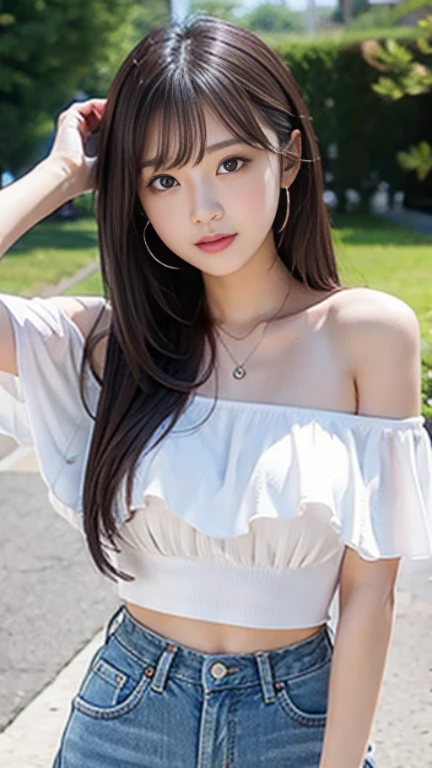full body angle,Put your arms behind your back、8K、Detailed Description、Very high definition、Realistic、reality的、Real、live-action、reality、High resolution、Nogizaka46、japanese idol,beautiful girl、21 years old、Dark brown eyes、sunny、blue sky、Under the blazing sun、amusement park、light smile, closed mouth,off-shoulder-tops,pastel colour、Long skirt、Long Hair、Headband、Very black hair、pretty girl、Beauty、Glowing Skin、Glowing Skin、Shiny Hair、Hair blowing in the wind、Very white skin、Heavy makeup、Large Breasts、Slit eyes、Big Eyes、Double eyelids、Young face、Don't show your teeth、Looking up、Bend over and peer at me、Top view