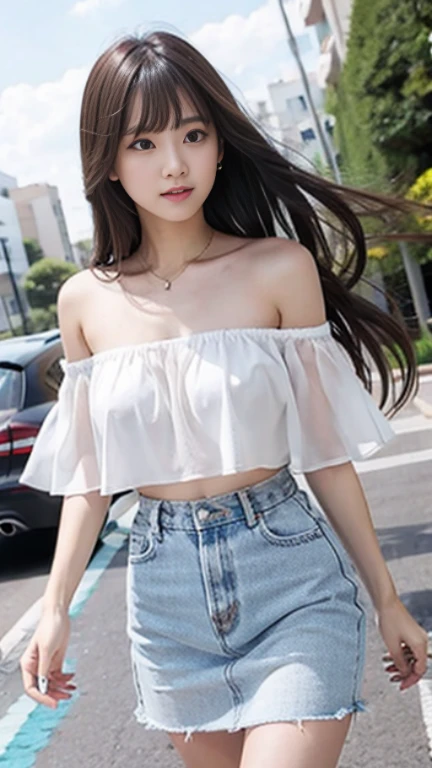 Sexy、Sexy cute looks and cute 15 year old beautiful girl, Beautiful and sexy face、A strong wind blows my hair in front of my face、Beautiful long black straight hair with beautiful cute and sexy eyes hidden by long bangs、open clothes,See-through white off-shoulder tops that reach down to the elbows,80% of the breasts are exposed