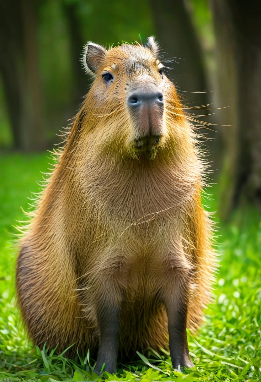 A Capybara, (best quality, realistic:1.2),peaceful,capybara,capybara in a grassy field,brown furry capybara,brown fur,big round eyes, soft lighting,gentle shadows,sitting quietly relaxed,capybara sitting, nature animals,grassy field,green grass,bright sunny warm, realistic detailed artwork,detailed fur texture,high-res image,capturing every strand of fur, peaceful atmosphere,tranquil scene,serene, soft and calming colors,earth tones,brown and green color palette, blissful expression,content and at ease,capybara's relaxed posture, nature-inspired lighting effect,subtle sunlight filtering through the trees, immersive artwork,feeling as if you can reach out and touch the capybara's fur.