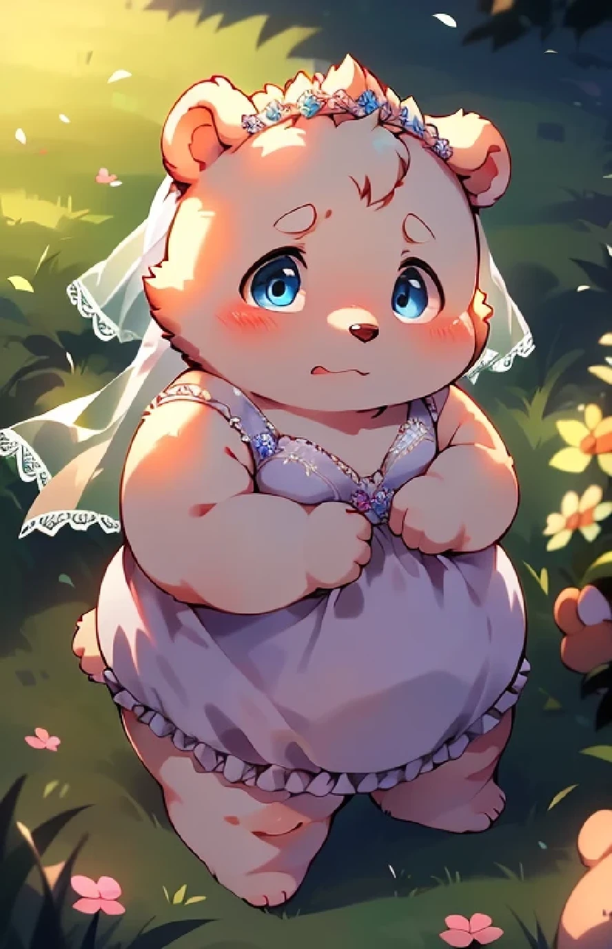White Bear Boy,male,White ears,blue eyes,individual,obesity,Shorty,Fat Face,Short legs,Short limbs,Wedding headdress,Wedding dresses、Get dressed,cute,nervous,blush,grassland,daytime