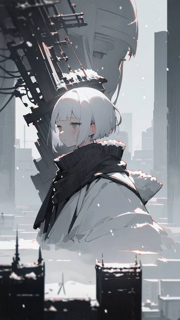 (masterpiece、highest quality)、Short nape hair、1 girl with very short white hair、Black cardigan、Grim expression、Grey Eyes、Warm lighting、 Blurred foreground、night深く、High Contrast、night、In the city,it&#39;s snowing,Heavy snowfall,winter,Alone in the vast snowy field,whole body,curse,Facing forward,Huge construction