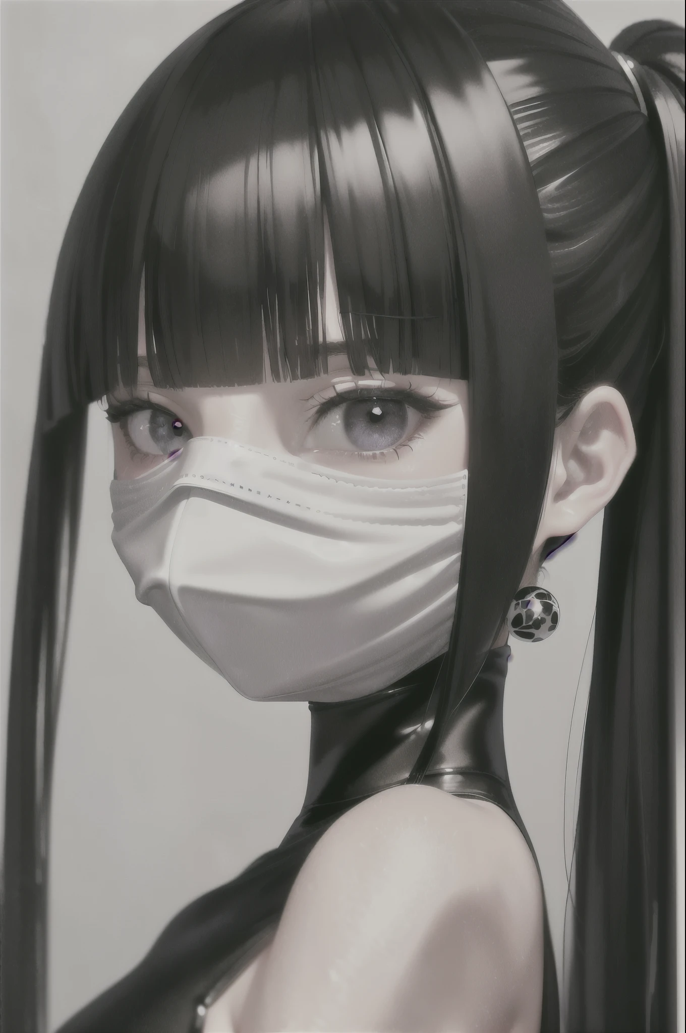 Realistic style，14-year-old girl( Black high ponytail，middle parted bangs，eyeslashes, gloss face, Bring a white mask，Glossy glossy skin, best qualtiy, Ultra-high resolution, depth of fields, color difference, Caustics, Wide light,  Cold Goddess，Wear a 。