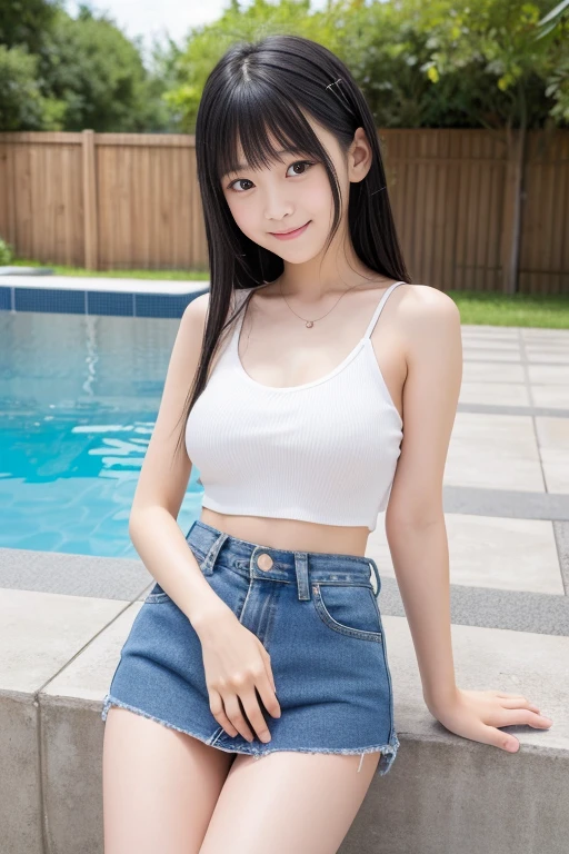 8k,Japanese,,Innocent face,Teenage Girlo clothes,Denim mini skirt、Her skirt is lifted up、I can see pure white pants、Exposed thighs、her belly button is visible、Small breasts、Flat Chest、、Casual wear,Sitting,Legs wide open、Black Hair,Poolside,Hair Clip,smile