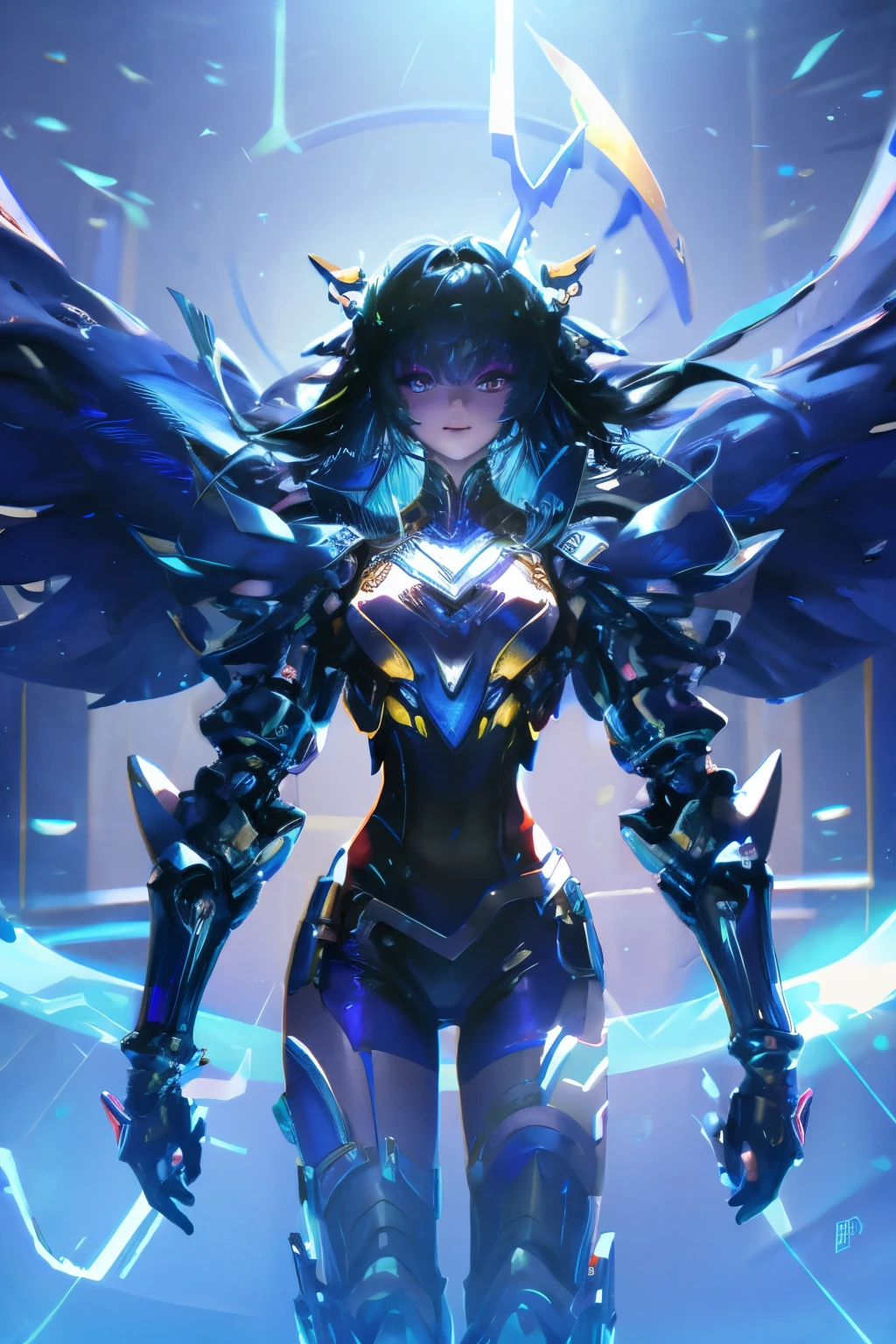 masterpiece,(best quality),Very detailed,Super detailed,1 Girl,(Mechanicalwing:Golden,Glowing eyes:blue,Goldenrarmor:1.2,Long ears:0.8),(Cyberpunk City:1.5,arms:Energy Blade),(Fantasy Landscape:1.2,natural lighting:1.5,Confident expression),(panoramic:1.2),Mecha, Smile,angle,Angel, wing,Chrome,Raw