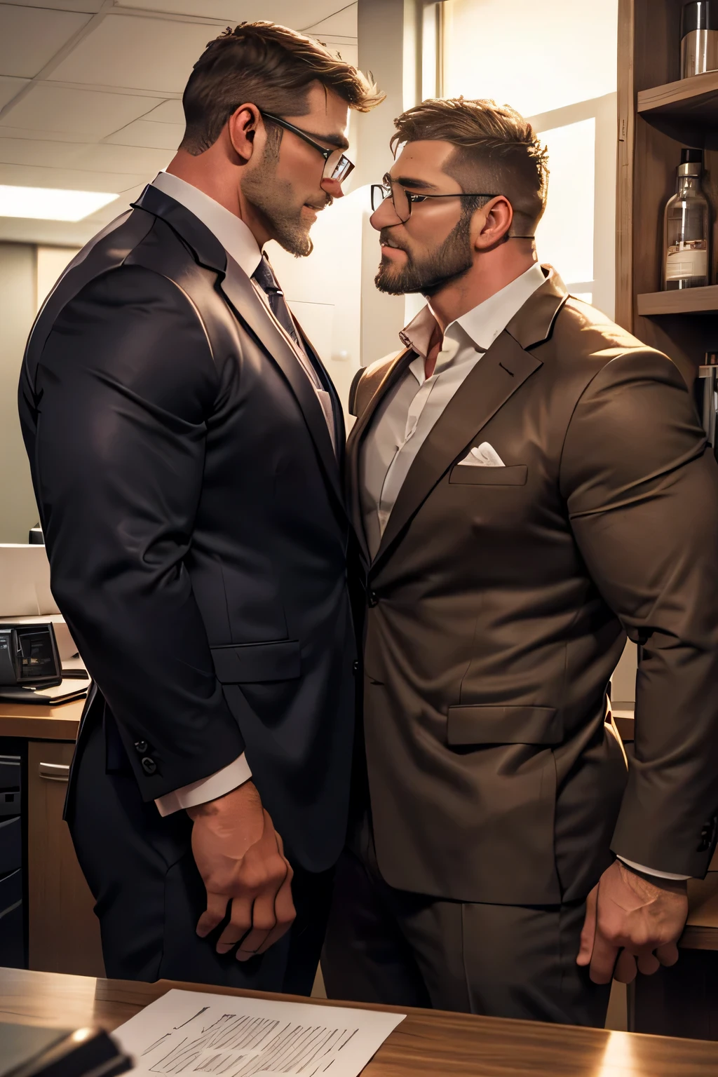 Award-winning original photos，2men, a wild muscular man and a tall chubby man, (40 years old daddy:1.1), beards, burly, hunk, (office suits), one man wearing glasses, (leaning against the counter), kissing passionately while leaning to a wall, detailed, lovely, faces closeup, from the side