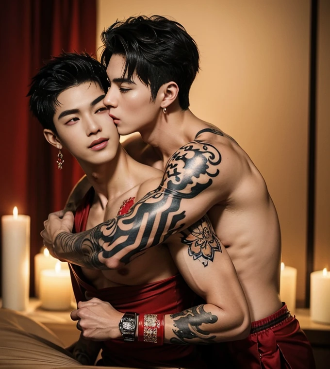 ( safe for work),Two handsome boys kissing, smiling at each other,hugging, kissing, touching lips, cuddle, romantic,skin ship, Chinese Men God, Mythology, realistic, Chinese odyssy, super Handsome,manly, kpop idol, handsome korean actor, 20 years old,, detailed face, manly jawline, detailed mess short curly styling hair, Topless, Muscles, big breast Athlete body, Full Frame,full body shoots, realistic, human skin, tattoo breast, Professional studio Lighting, long red tibet wedding Outfit, jade and golden pendent all over , detailed jewery in dress, earings,Chinese ancient wedding Background,out door, super detailed background,look at camera , open mouth, super thin Underwear, tibet Warrior, Hanfu red wedding dress, tibet Male, tibet Nobel, Seduce , bare chest , tattoo chest, tattoo arms, tattoo hands, tattoo back, tattoo legs , tattoo belly, big juicy butts, 