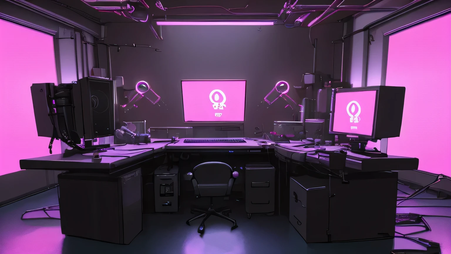 Realistic neon studio setup in the room，Cyberpunk Background，Front view，There is also a desk.