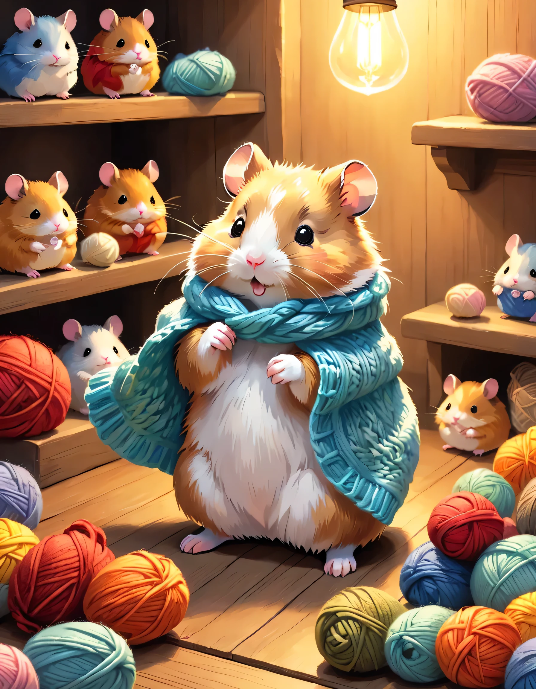 cuteAn illustration,hamster house,hamster family:animal:cute:Knitting Time:looks happy,An illustration,pop,colorful,color,hamster familyが編み物を楽しんでいます:dream happy dreams,The nest is warm and full of happiness,,colorful,Fancy,Fantasy,patchwork,FamiliarDetails,fluffy,Randolph Caldecott Style,hamster,the cutest hamster,Fluffy hamster,Anatomically correct,cute,stylish,Shine,Soft texture,Lovely,,Randolph Caldecott Style,Hamster knitting a blanket ,Knee hanging, scarf,heating stove,, An illustration for a children&#39;s picture book, (colorfulなAn illustration:1.4), An illustration from a magazine, (Dynamic pose), Familiar, Complex, beautiful, wonderful, Cinematic, wonderful ,Outstanding color, In the style of An illustration for the book by Randolph and Beatrix Potter 