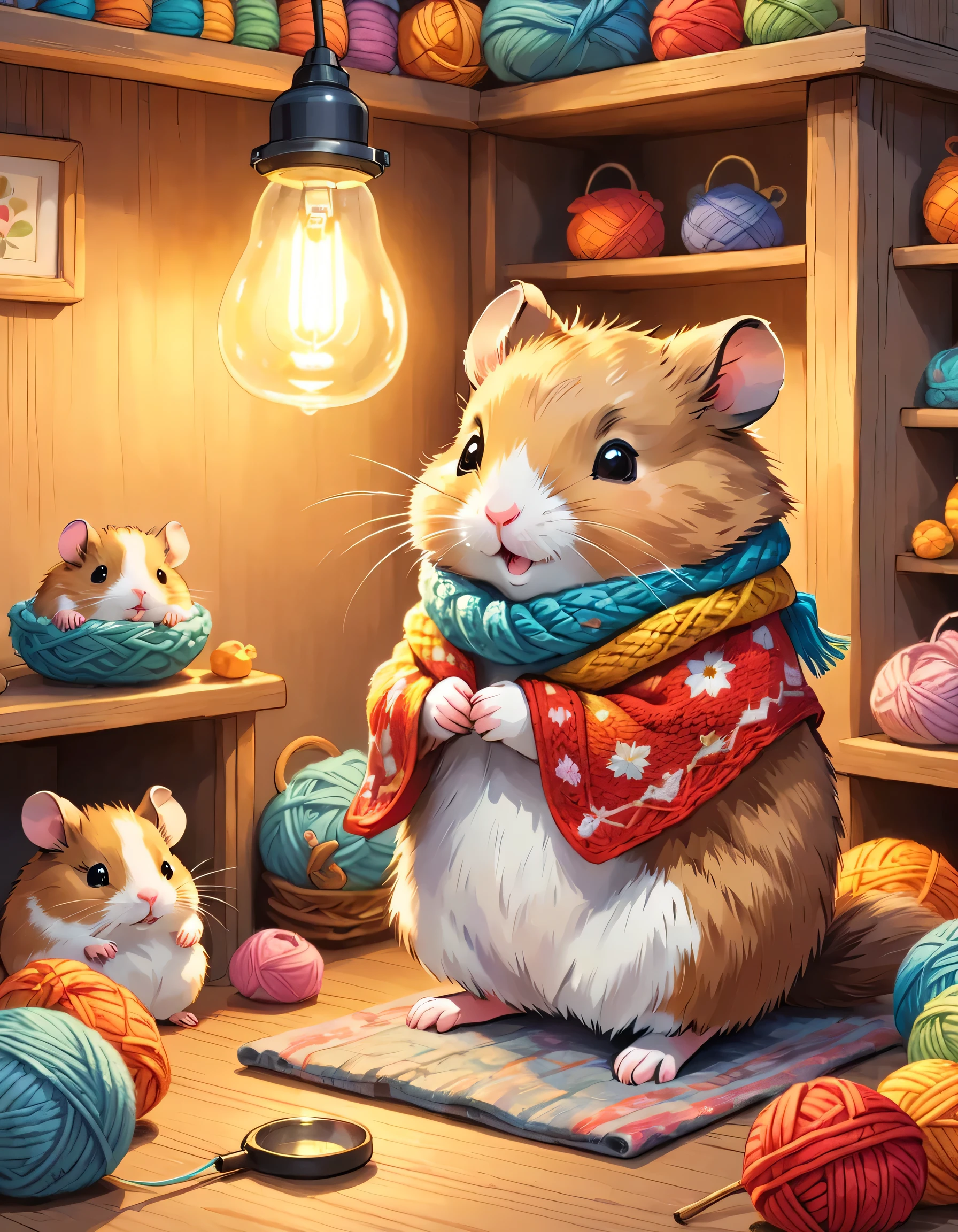 cuteAn illustration,hamster house,hamster family:animal:cute:Knitting Time:looks happy,An illustration,pop,colorful,color,hamster familyが編み物を楽しんでいます:dream happy dreams,The nest is warm and full of happiness,,colorful,Fancy,Fantasy,patchwork,FamiliarDetails,fluffy,Randolph Caldecott Style,hamster,the cutest hamster,Fluffy hamster,Anatomically correct,cute,stylish,Shine,Soft texture,Lovely,,Randolph Caldecott Style,Hamster knitting a blanket ,Knee hanging, scarf,heating stove,, An illustration for a children&#39;s picture book, (colorfulなAn illustration:1.4), An illustration from a magazine, (Dynamic pose), Familiar, Complex, beautiful, wonderful, Cinematic, wonderful ,Outstanding color, In the style of An illustration for the book by Randolph and Beatrix Potter 