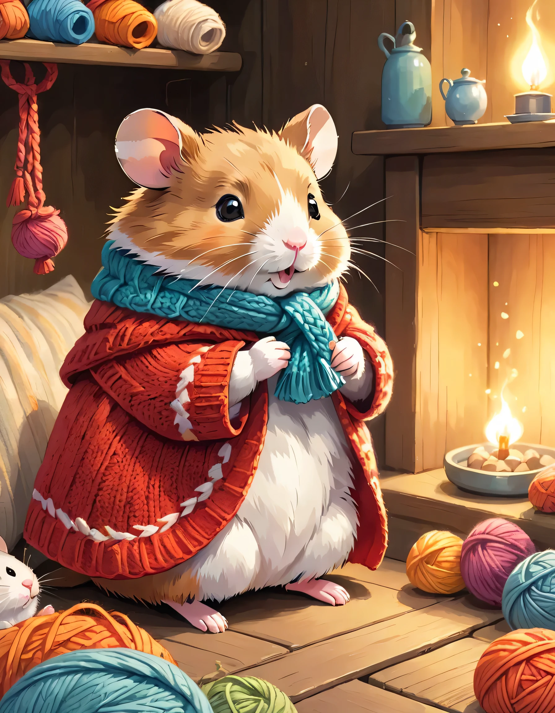 cuteAn illustration,hamster house,hamster family:animal:cute:Knitting Time:looks happy,An illustration,pop,colorful,color,hamster familyが編み物を楽しんでいます:dream happy dreams,The nest is warm and full of happiness,,colorful,Fancy,Fantasy,patchwork,FamiliarDetails,fluffy,Randolph Caldecott Style,hamster,the cutest hamster,Fluffy hamster,Anatomically correct,cute,stylish,Shine,Soft texture,Lovely,,Randolph Caldecott Style,Hamster knitting a blanket ,Knee hanging, scarf,heating stove,, An illustration for a children&#39;s picture book, (colorfulなAn illustration:1.4), An illustration from a magazine, (Dynamic pose), Familiar, Complex, beautiful, wonderful, Cinematic, wonderful ,Outstanding color, In the style of An illustration for the book by Randolph and Beatrix Potter 