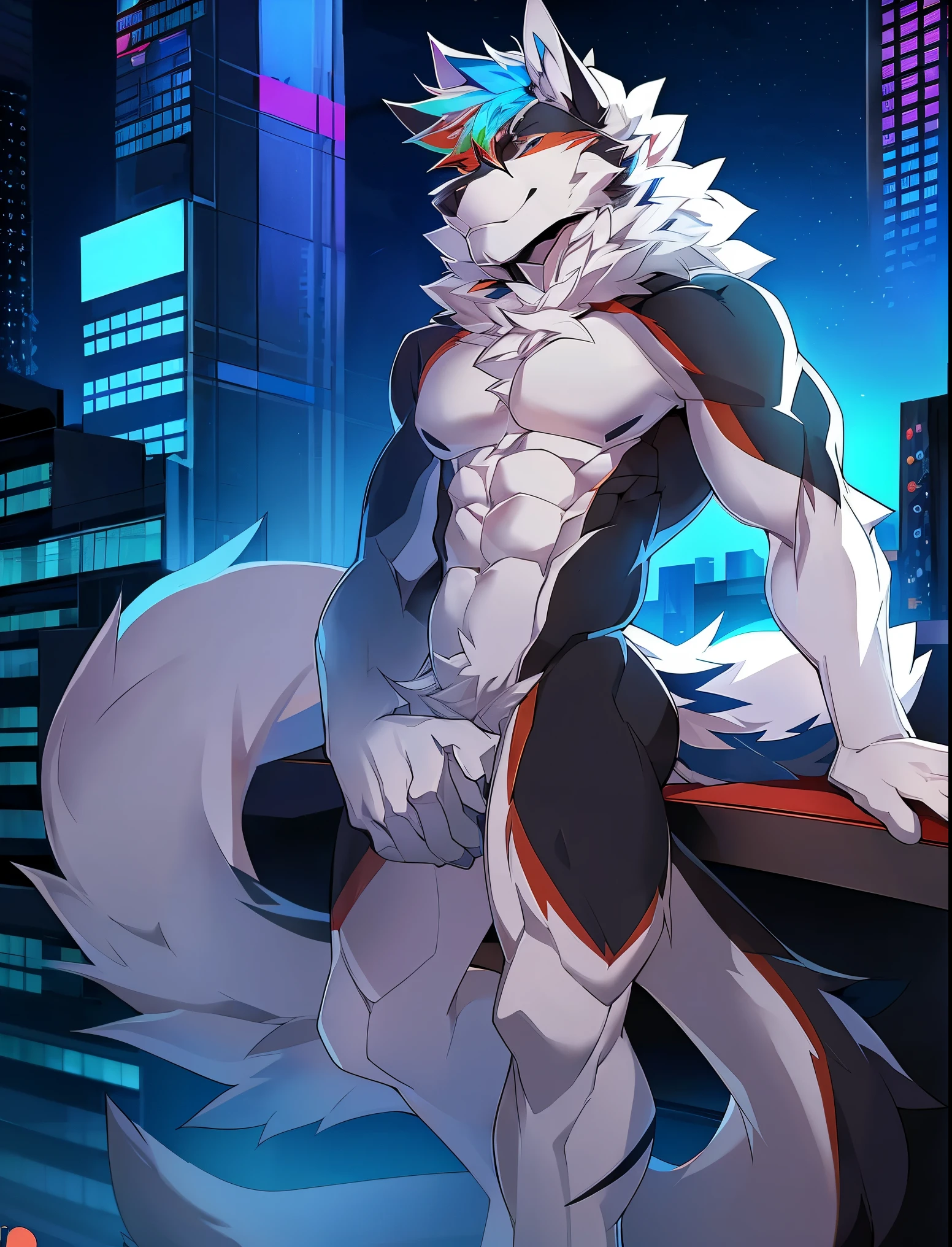 ((Solo)), male people, anthro wolf, (Multi-colored fur, White tail pointed), (Height 3meters,Tail length 2meters), Abs, pinginuscular, A long big tail, by patto, modern city