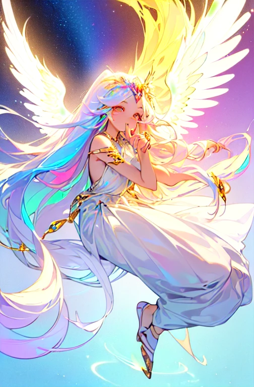 (masterpiece: 1.4), (highest quality: 1.4), (Very cute angel girl, Highly detailed face, Jewel-like eyes, White very long hair, Colorful gradient hair: 1.4), (Angel Ring:
1.4), (Angel Wings: 1.4), (whole body, Two perfect arms, Perfect two-legged: 1.4), Four perfect fingers: One thumb, Light, Shine, Bokeh, Super quality