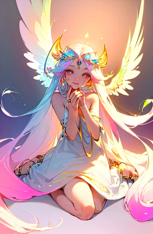 (masterpiece: 1.4), (highest quality: 1.4), (Very cute angel girl, Highly detailed face, Jewel-like eyes, White very long hair, Colorful gradient hair: 1.4), (Angel Ring:
1.4), (Angel Wings: 1.4), (whole body, Two perfect arms, Perfect two-legged: 1.4), Four perfect fingers: One thumb, Light, Shine, Bokeh, Super quality