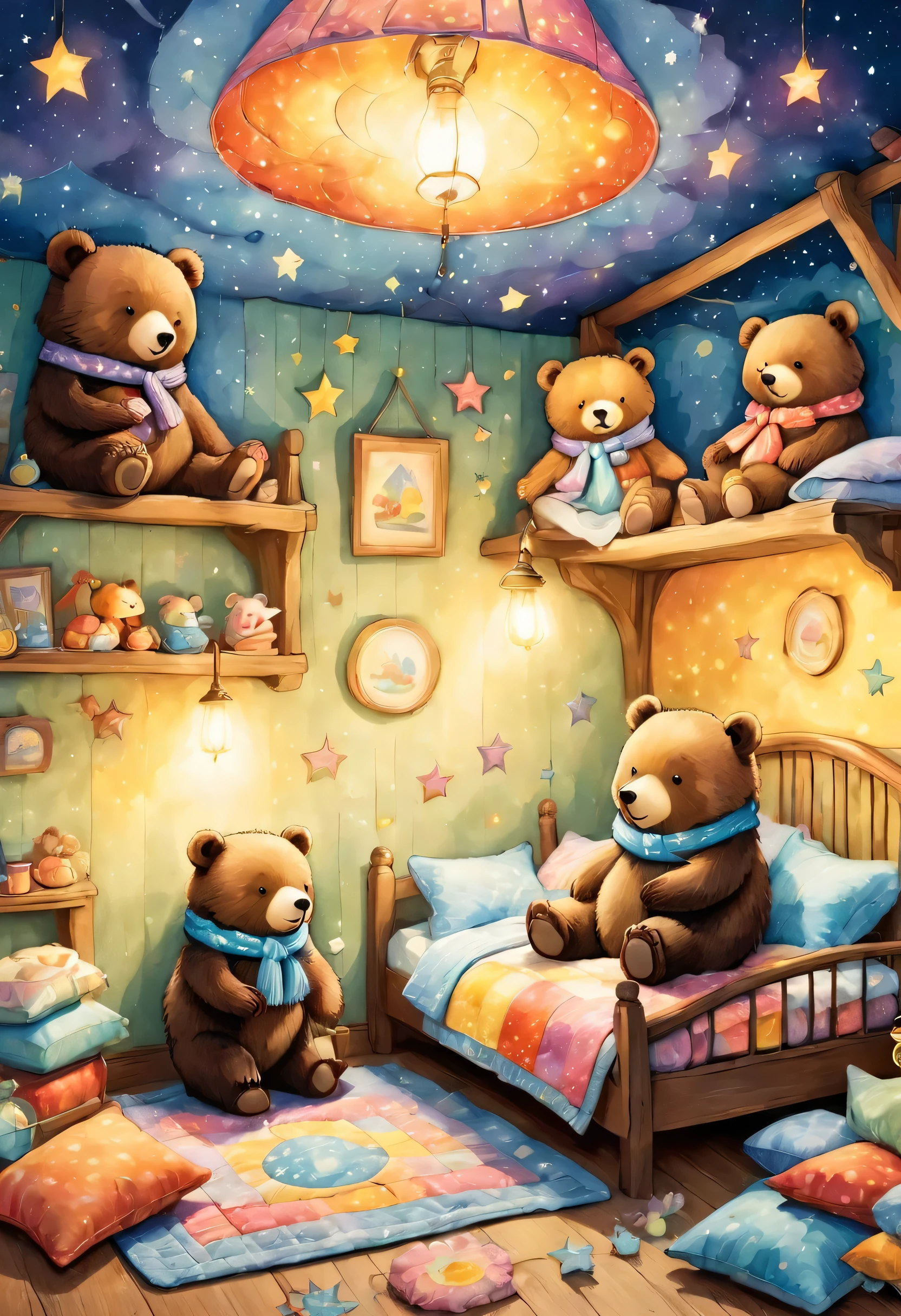 cuteAn illustrationクマの家,bear family:animal:hibernating:cute:Nestle:sleep:comfortable and warm:looks happy,An illustration,pop,colorful,draw with thick lines,color,dim,Lamp light,The hibernating bear family is sleeping:Happy dreams,The house is warm and full of happiness,,colorful,Fancy,Fantasy,patchwork:quilt,detailed details,fluffy,Randolph Caldecott Style,Rich colors,Cast colorful spells,concentrated,The best configuration,Perfect composition,accent,An illustration that children will enjoy,For kids,feel warm,wonderful like a dream,Happy and joyful bears,Little,Cast colorful spells,Sparkling,Anatomically correct,scarf,bunk bed,Happy dreams,Children's room,Wall decoration,cushion,pastel colour