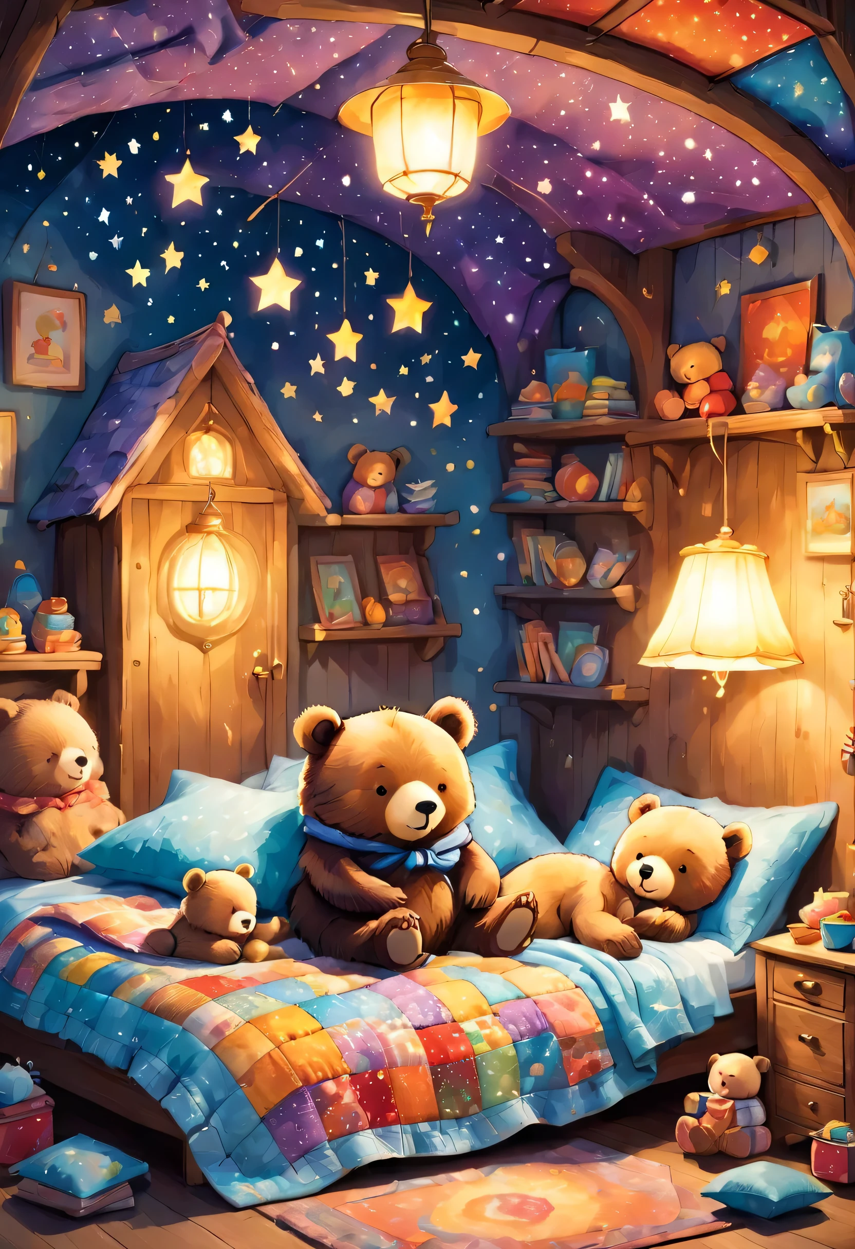 cuteAn illustrationクマの家,bear family:animal:hibernating:cute:Nestle:sleep:comfortable and warm:looks happy,An illustration,pop,colorful,draw with thick lines,color,dim,Lamp light,The hibernating bear family is sleeping:Happy dreams,The house is warm and full of happiness,,colorful,Fancy,Fantasy,patchwork:quilt,detailed details,fluffy,Randolph Caldecott Style,Rich colors,Cast colorful spells,concentrated,The best configuration,Perfect composition,accent,An illustration that children will enjoy,For kids,feel warm,wonderful like a dream,Happy and joyful bears,Little,Cast colorful spells,Sparkling,Anatomically correct,pajamas,Putting a  to bed,Happy dreams,teddy bear