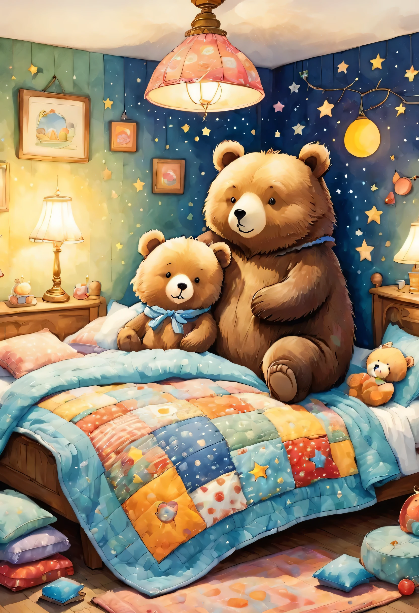 cuteAn illustrationクマの家,bear family:animal:hibernating:cute:Nestle:sleep:comfortable and warm:looks happy,An illustration,pop,colorful,draw with thick lines,color,dim,Lamp light,The hibernating bear family is sleeping:Happy dreams,The house is warm and full of happiness,,colorful,Fancy,Fantasy,patchwork:quilt,detailed details,fluffy,Randolph Caldecott Style,Rich colors,Cast colorful spells,concentrated,The best configuration,Perfect composition,accent,An illustration that children will enjoy,For kids,feel warm,wonderful like a dream,Happy and joyful bears,Little,Cast colorful spells,Sparkling,Anatomically correct,pajamas,Putting a  to bed,Happy dreams,teddy bear