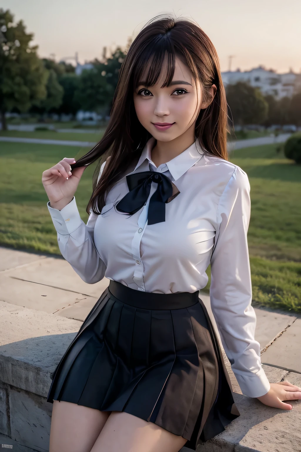 There is a woman who is in the cemiterio dawn, (8k, RAW photo, best quality, masterpiece: 1.2), (realistic, photo-realistic: 1.37), ultra-detailed, 1 girl, beautiful, solo, beautiful detailed sky, night, sitting, dating, (flushed nose), (smile: 1.1), medium breasts, beautiful detailed eyes, (collared shirt: 1.1), bow tie, pleated skirt,