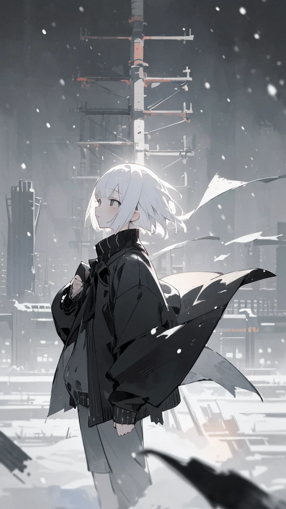 (masterpiece、highest quality)、Short nape hair、1 girl with very short white hair、Black cardigan、Grim expression、Grey Eyes、Warm lighting、 Blurred foreground、night深く、High Contrast、night、In the city,it's snowing,Heavy snowfall,winter,Alone in the vast snowy field,whole body,curse,Facing forward,Huge construction