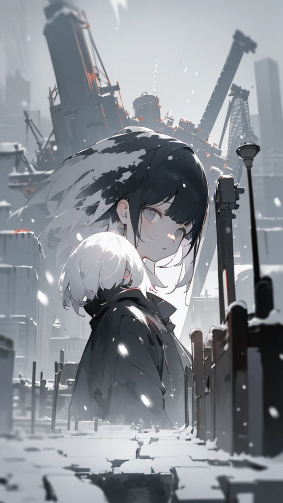 (masterpiece、highest quality)、Short nape hair、1 girl with very short white hair、Black cardigan、Grim expression、Grey Eyes、Warm lighting、 Blurred foreground、night深く、High Contrast、night、In the city,it&#39;s snowing,Heavy snowfall,winter,Alone in the vast snowy field,whole body,curse,Facing forward,Huge construction