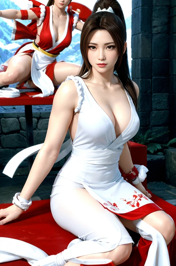 Mai Shiranui, (melhor qualidade,ultra-detalhado),(Realista:1.37), rosto bonito e detalhado, Textura ultrarrealista, rosto delicado, athletic body, cores vivas. High definition, 8k