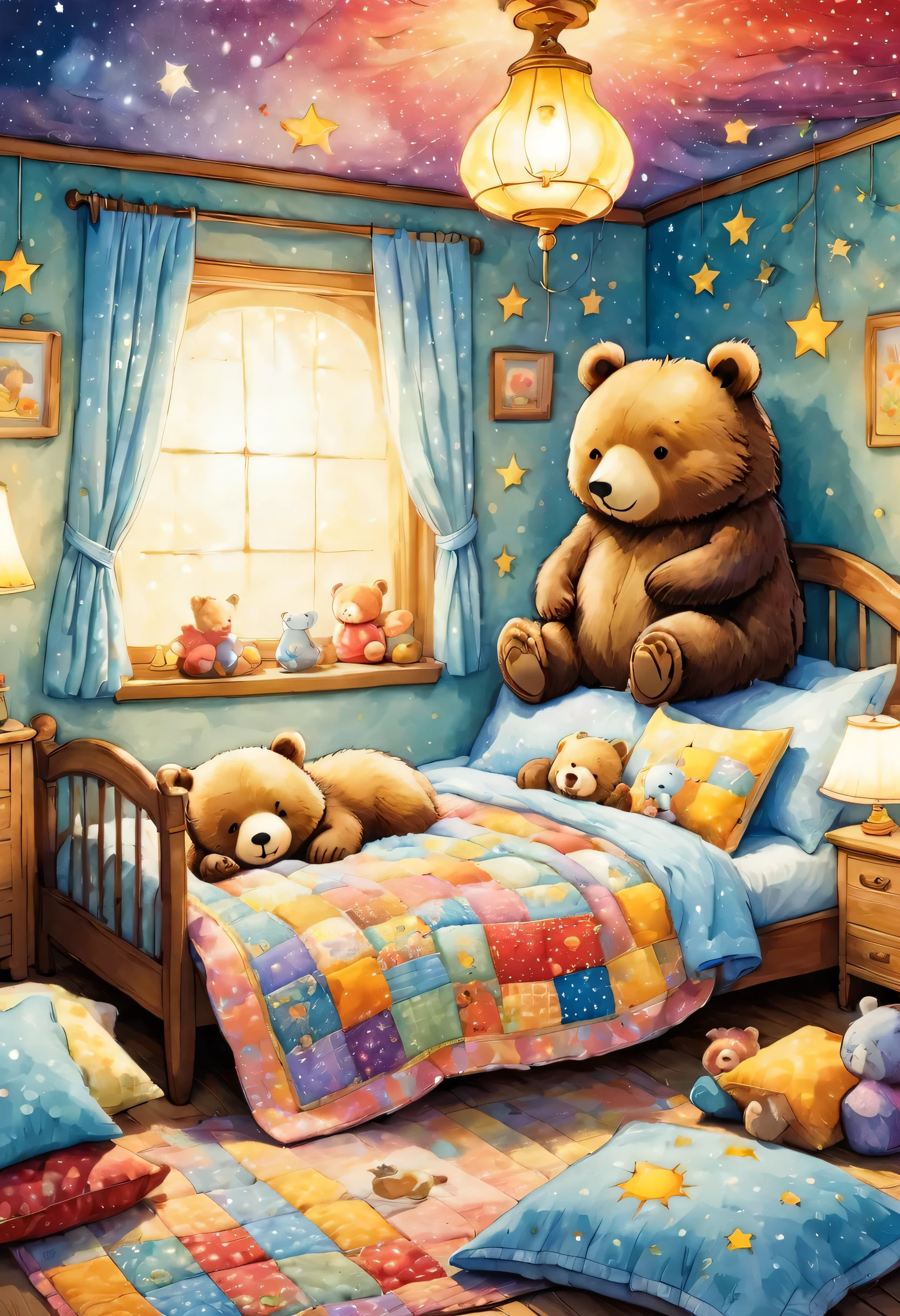 cuteAn illustrationクマの家,bear family:animal:hibernating:cute:Nestle:sleep:comfortable and warm:looks happy,An illustration,pop,colorful,draw with thick lines,color,dim,Lamp light,The hibernating bear family is sleeping:Happy dreams,The house is warm and full of happiness,,colorful,Fancy,Fantasy,patchwork:quilt,detailed details,fluffy,Randolph Caldecott Style,Rich colors,Cast colorful spells,concentrated,The best configuration,Perfect composition,accent,An illustration that children will enjoy,For kids,feel warm,wonderful like a dream,Happy and joyful bears,Little,Cast colorful spells,Sparkling,Anatomically correct,pajamas,Putting a  to bed,Happy dreams,teddy bear