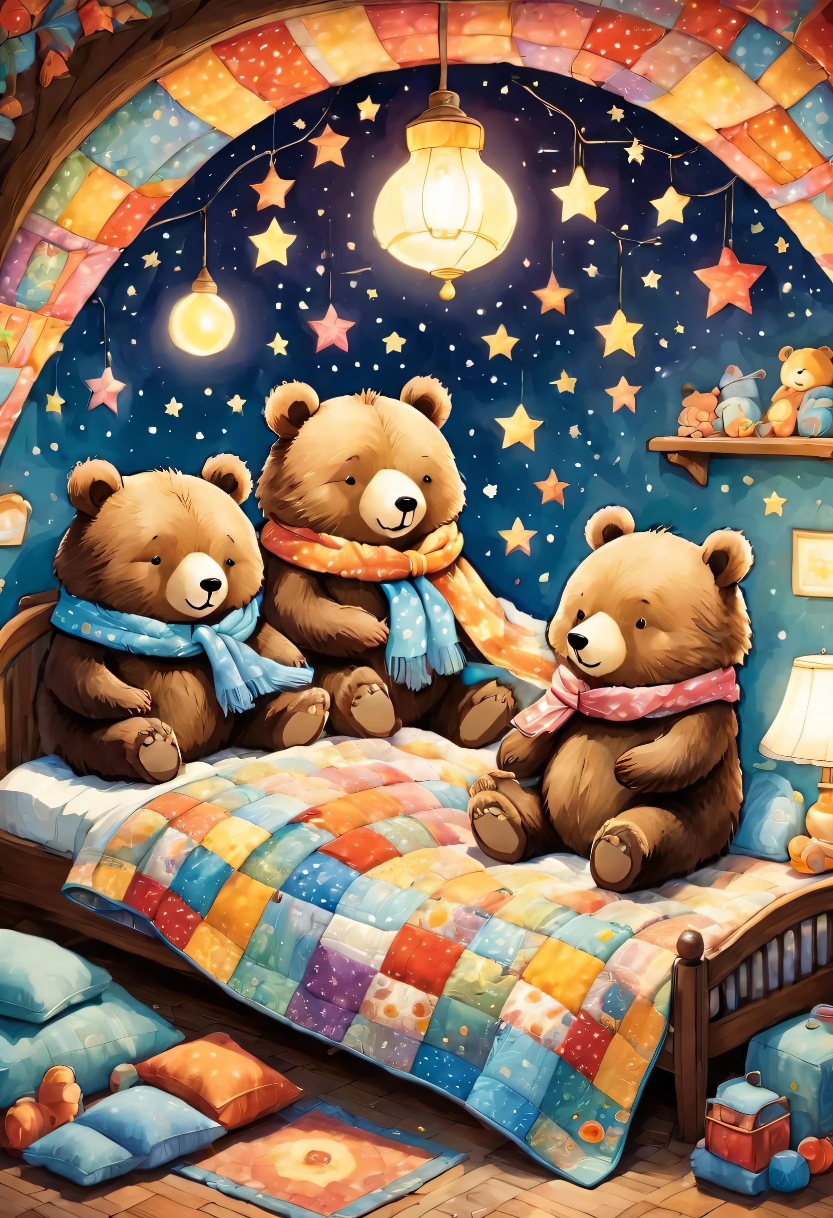 cuteAn illustrationクマの家,bear family:animal:hibernating:cute:Nestle:sleep:comfortable and warm:looks happy,An illustration,pop,colorful,draw with thick lines,color,dim,Lamp light,The hibernating bear family is sleeping:Happy dreams,The house is warm and full of happiness,,colorful,Fancy,Fantasy,patchwork:quilt,detailed details,fluffy,Randolph Caldecott Style,Rich colors,Cast colorful spells,concentrated,The best configuration,Perfect composition,accent,An illustration that children will enjoy,For kids,feel warm,wonderful like a dream,Happy and joyful bears,Little,Cast colorful spells,Sparkling,Anatomically correct,scarf,bunk bed,Happy dreams