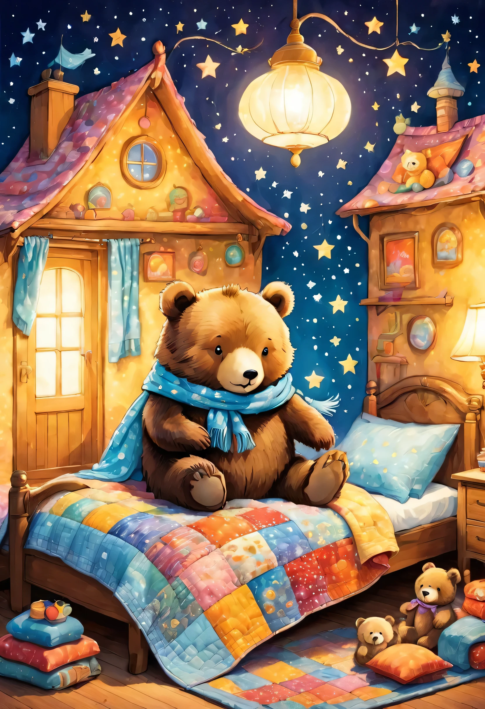 cuteAn illustrationクマの家,bear family:animal:hibernating:cute:Nestle:sleep:comfortable and warm:looks happy,An illustration,pop,colorful,draw with thick lines,color,dim,Lamp light,The hibernating bear family is sleeping:Happy dreams,The house is warm and full of happiness,,colorful,Fancy,Fantasy,patchwork:quilt,detailed details,fluffy,Randolph Caldecott Style,Rich colors,Cast colorful spells,concentrated,The best configuration,Perfect composition,accent,An illustration that children will enjoy,For kids,feel warm,wonderful like a dream,Happy and joyful bears,Little,Cast colorful spells,Sparkling,Anatomically correct,scarf,bunk bed,Happy dreams