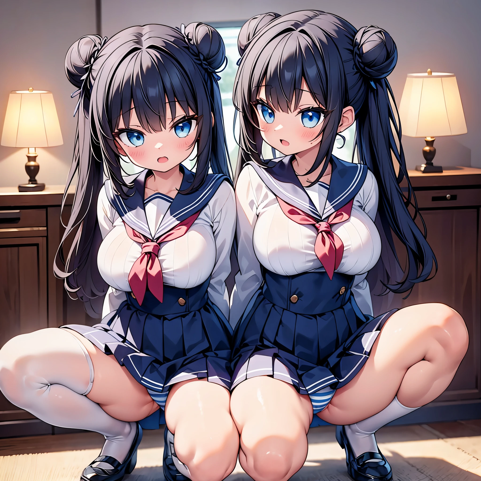 (cute eyes:1.2),highest quality,wonderful,finely,extremely detailed CG Unity 8K wallpaper,(2 Girls,Black Hair, Blue Eyes,double bun), (huge breasts), (squatting,open legs:1.2), (Sailor suit:1.1), (Light blue striped underwear:1.1),(open mouth:1.1),(zettai ryouiki:1.3),(from behind:1.2)