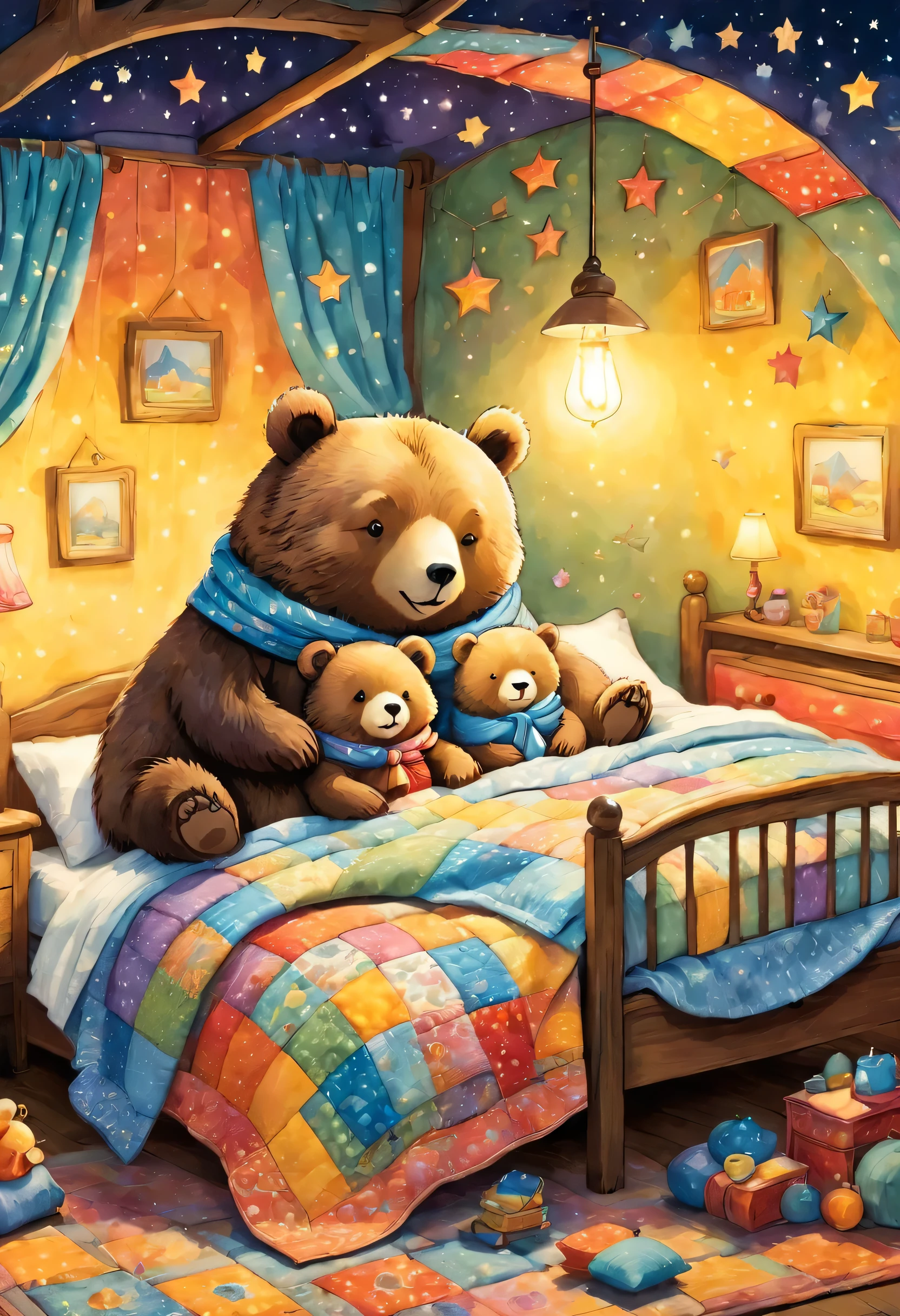 cuteAn illustrationクマの家,bear family:animal:hibernating:cute:Nestle:sleep:comfortable and warm:looks happy,An illustration,pop,colorful,draw with thick lines,color,dim,Lamp light,The hibernating bear family is sleeping:Happy dreams,The house is warm and full of happiness,,colorful,Fancy,Fantasy,patchwork:quilt,detailed details,fluffy,Randolph Caldecott Style,Rich colors,Cast colorful spells,concentrated,The best configuration,Perfect composition,accent,An illustration that children will enjoy,For kids,feel warm,wonderful like a dream,Happy and joyful bears,Little,Cast colorful spells,Sparkling,Anatomically correct,scarf,bunk bed,Happy dreams