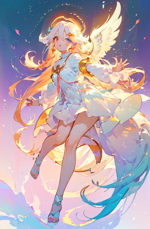 (masterpiece: 1.4), (highest quality: 1.4), (Very cute angel girl, Highly detailed face, Jewel-like eyes, White very long hair, Colorful gradient hair: 1.4), (Angel Ring: 1.4), (Angel Wings: 1.4), (whole body, Two perfect arms, Perfect two-legged: 1.4), Four perfect fingers: One thumb, Light, Shine, Bokeh, Super quality