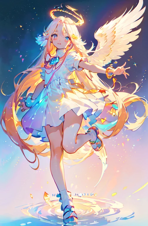 (masterpiece: 1.4), (highest quality: 1.4), (Very cute angel girl, Highly detailed face, Jewel-like eyes, White very long hair, Colorful gradient hair: 1.4), (Angel Ring: 1.4), (Angel Wings: 1.4), (whole body, Two perfect arms, Perfect two-legged: 1.4), Four perfect fingers: One thumb, Light, Shine, Bokeh, Super quality